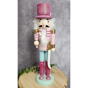 Pink Candy Cane Nutcracker Guard Soldier Glitter 14" Christmas Peppermint‎ Wood